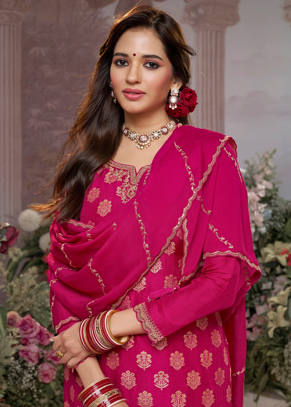 Magenta Pink Dola Silk Sharara Suit with Embroidery & Jacquard Work