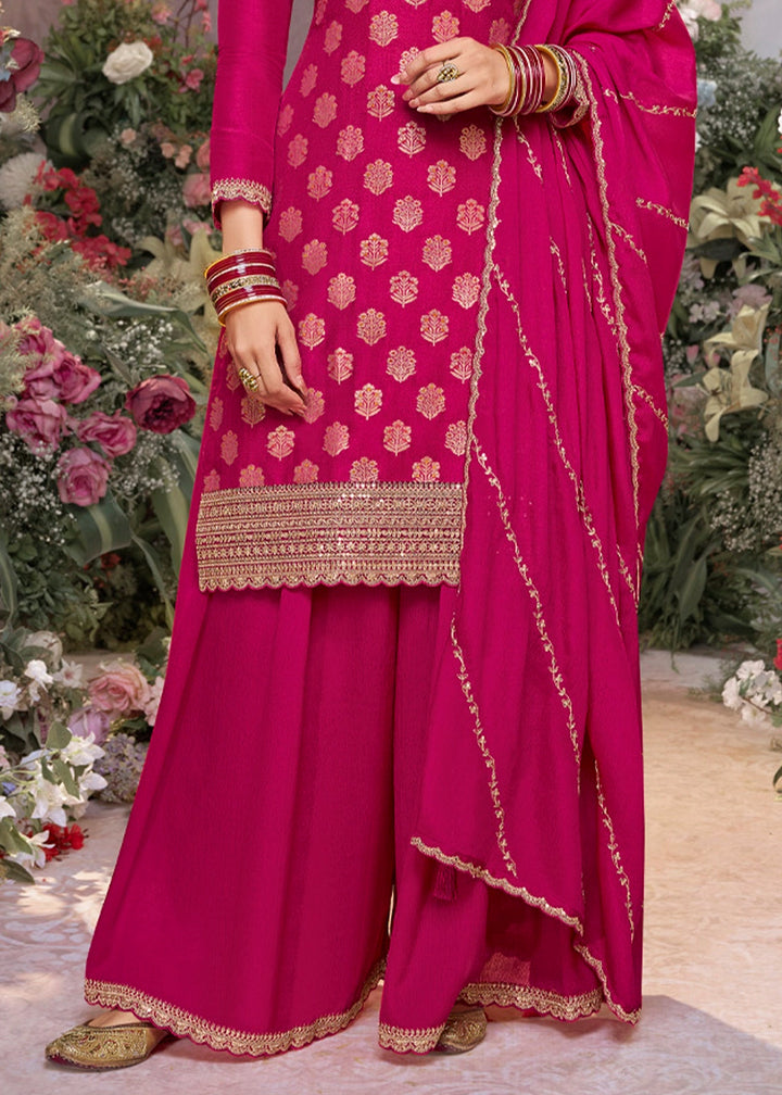 Magenta Pink Dola Silk Sharara Suit with Embroidery & Jacquard Work