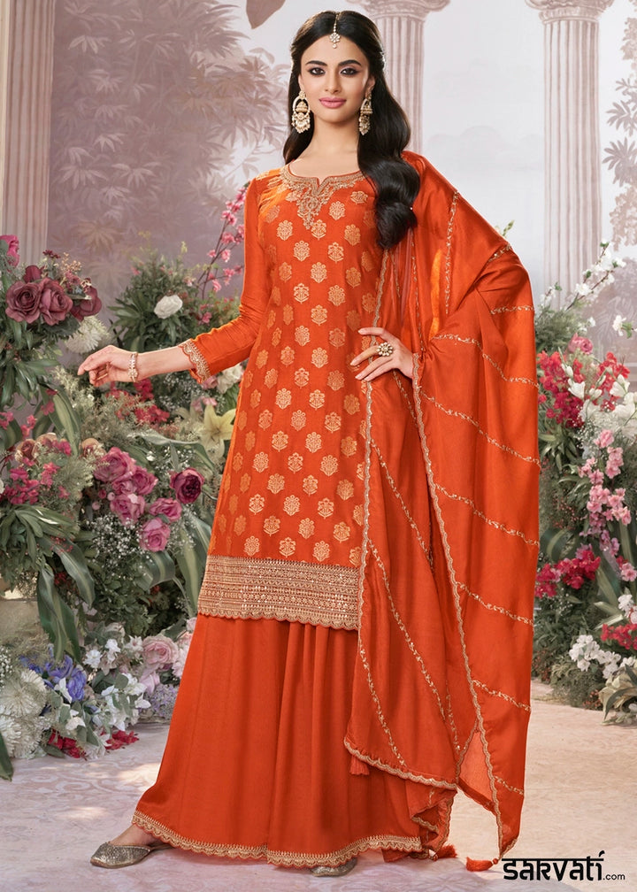 Pumpkin Orange Dola Silk Sharara Suit with Embroidery & Jacquard Work