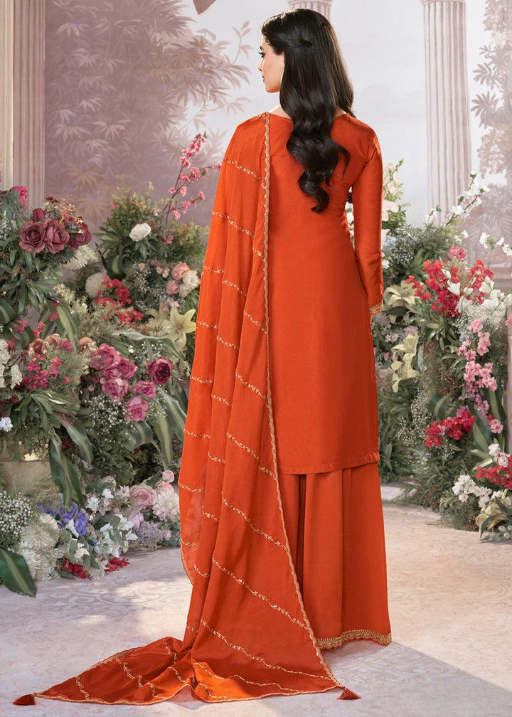 Pumpkin Orange Dola Silk Sharara Suit with Embroidery & Jacquard Work