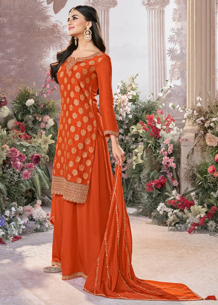 Pumpkin Orange Dola Silk Sharara Suit with Embroidery & Jacquard Work