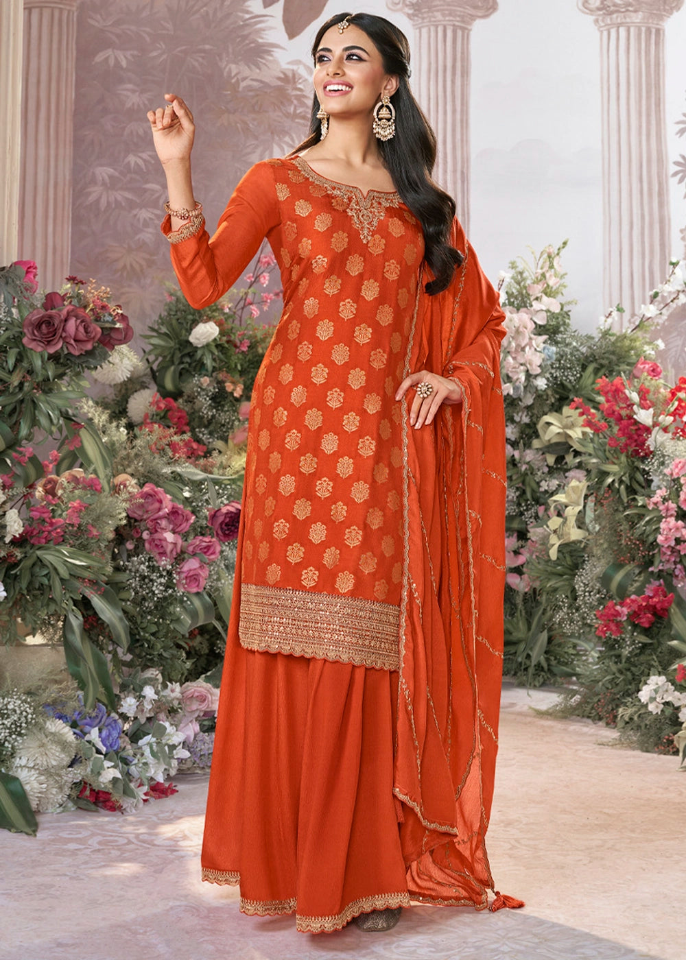 Pumpkin Orange Dola Silk Sharara Suit with Embroidery & Jacquard Work