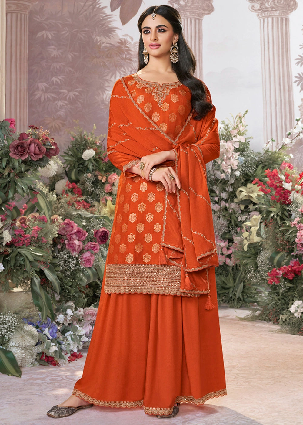 Pumpkin Orange Dola Silk Sharara Suit with Embroidery & Jacquard Work
