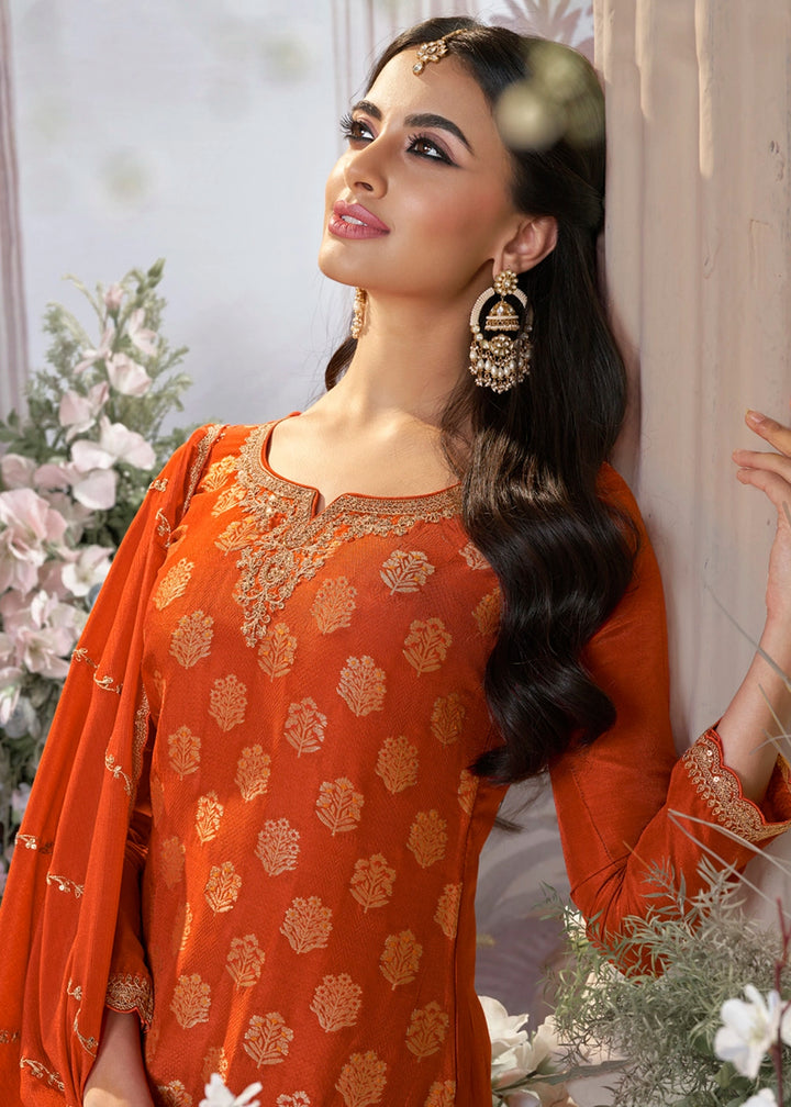 Pumpkin Orange Dola Silk Sharara Suit with Embroidery & Jacquard Work