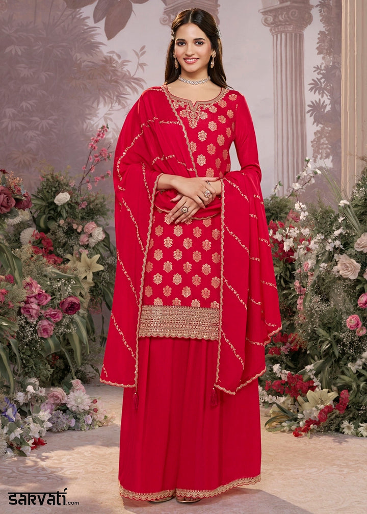 Crimson Red Dola Silk Sharara Suit with Embroidery & Jacquard Work