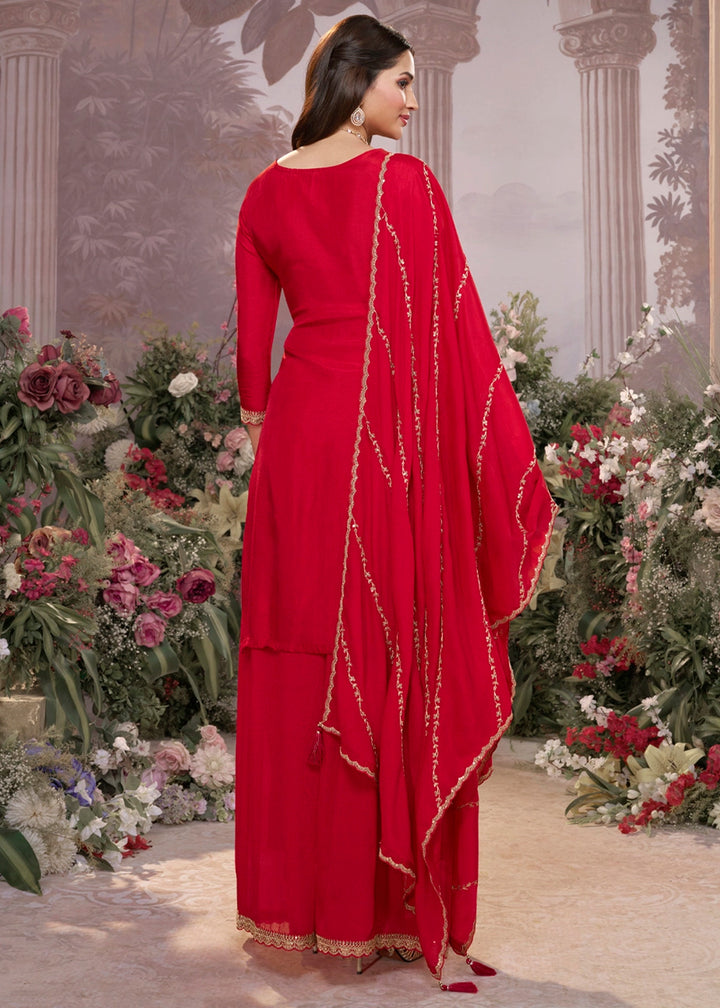 Crimson Red Dola Silk Sharara Suit with Embroidery & Jacquard Work