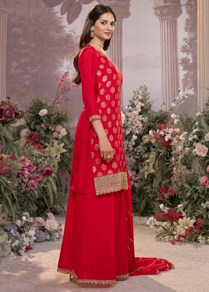 Crimson Red Dola Silk Sharara Suit with Embroidery & Jacquard Work