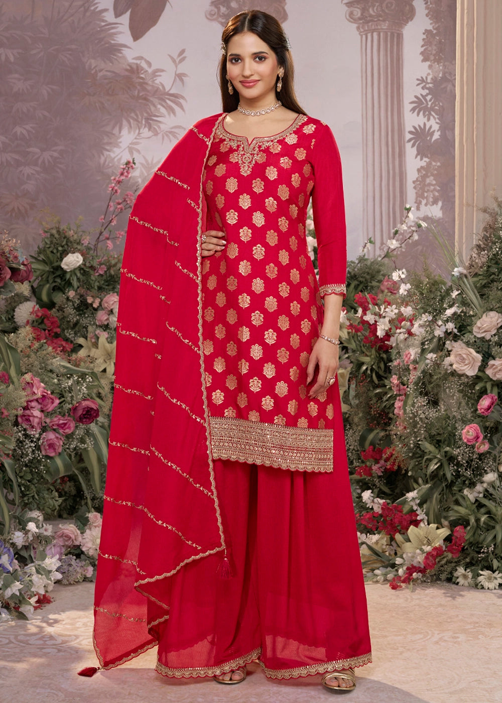 Crimson Red Dola Silk Sharara Suit with Embroidery & Jacquard Work
