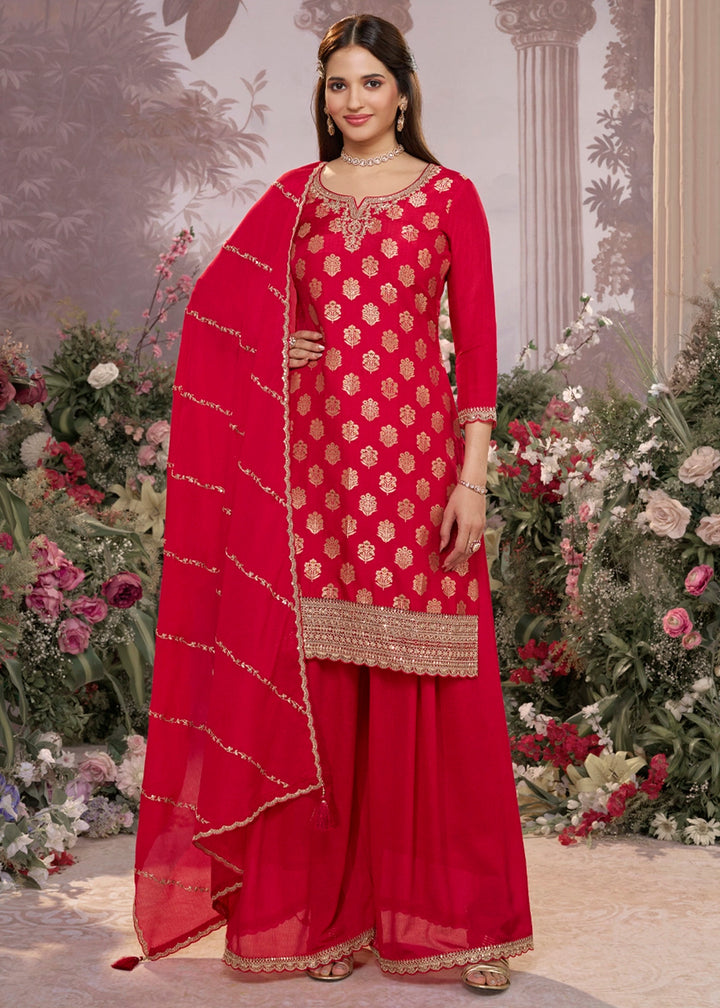 Crimson Red Dola Silk Sharara Suit with Embroidery & Jacquard Work