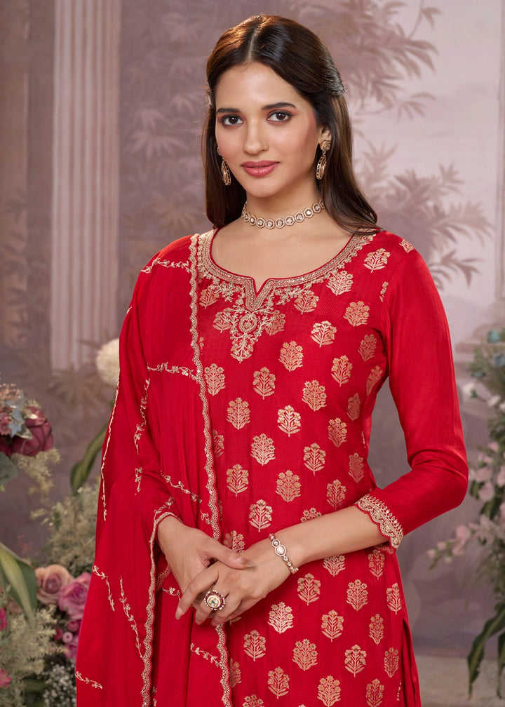 Crimson Red Dola Silk Sharara Suit with Embroidery & Jacquard Work