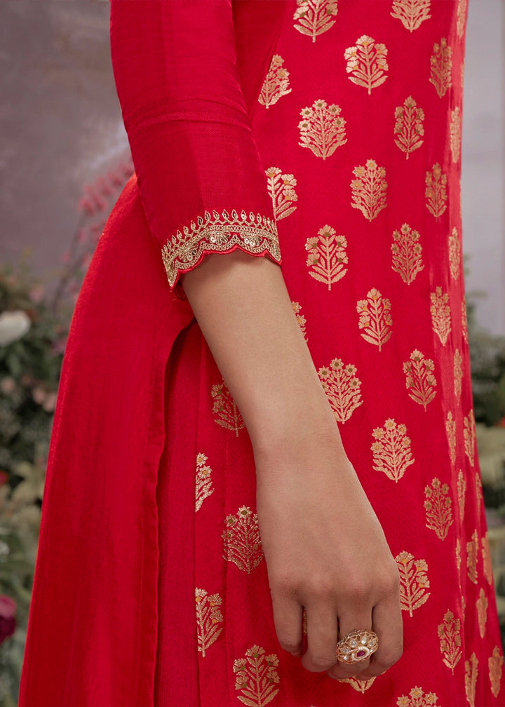 Crimson Red Dola Silk Sharara Suit with Embroidery & Jacquard Work