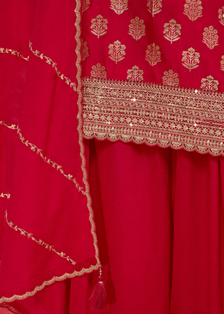 Crimson Red Dola Silk Sharara Suit with Embroidery & Jacquard Work