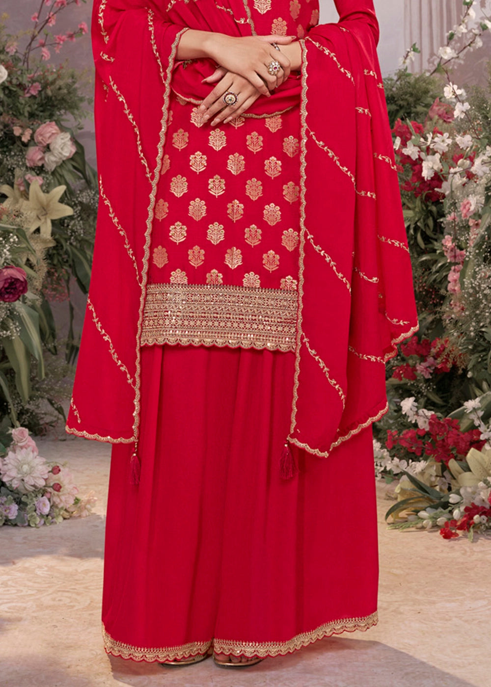 Crimson Red Dola Silk Sharara Suit with Embroidery & Jacquard Work