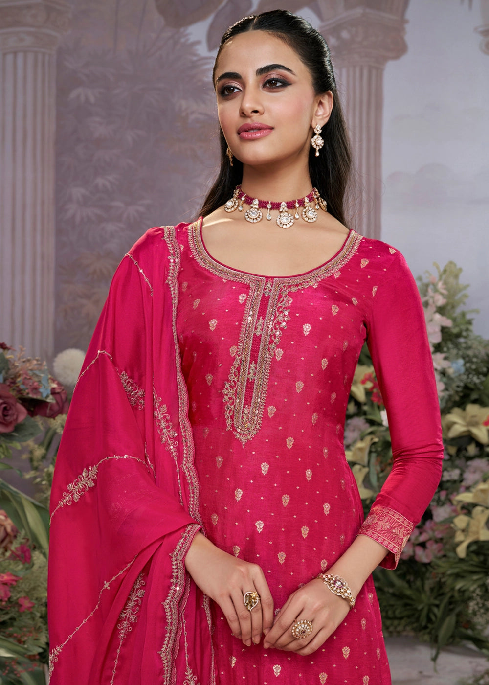 Hot Pink Embroidered Dola Silk Kurta and Pant Set with Jacquard Accents