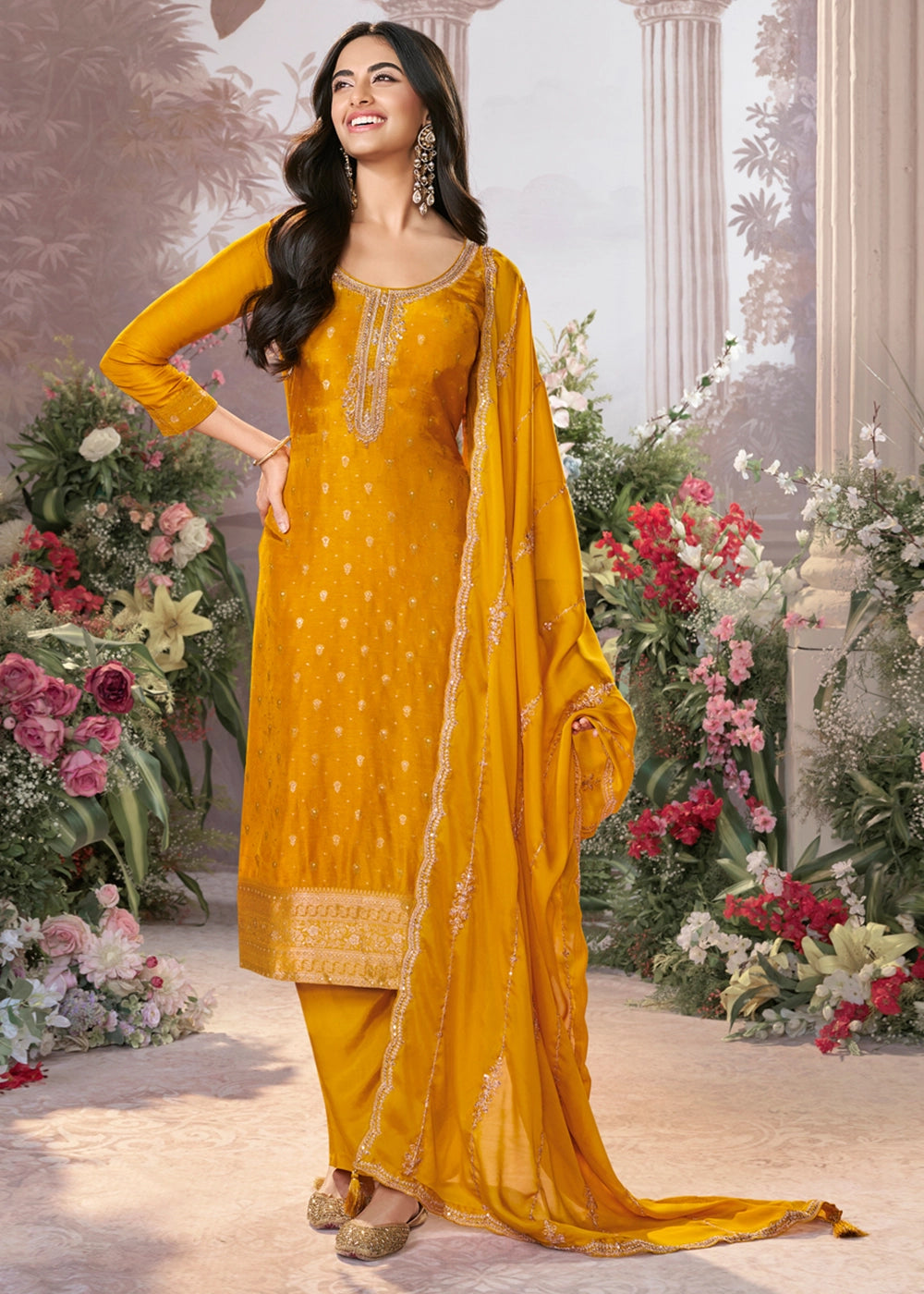 Canary Yellow Embroidered Dola Silk Kurta and Pant Set with Jacquard Accents