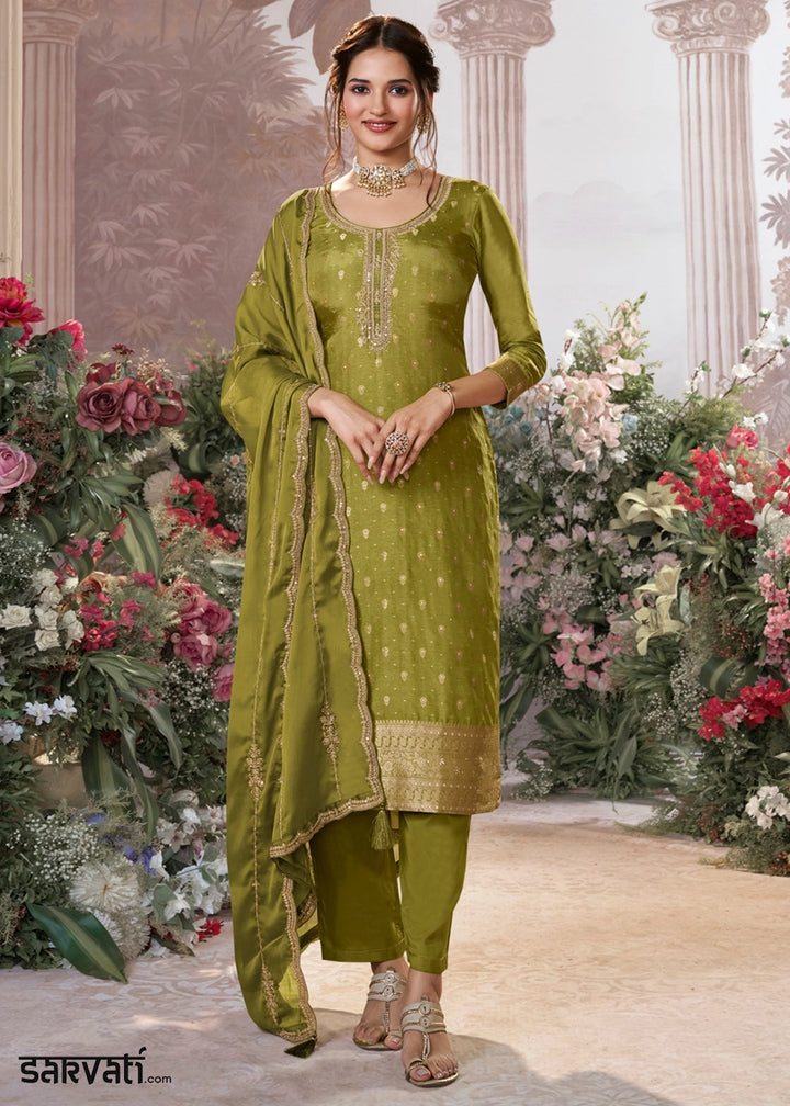 Olive Green Embroidered Dola Silk Kurta and Pant Set with Jacquard Accents