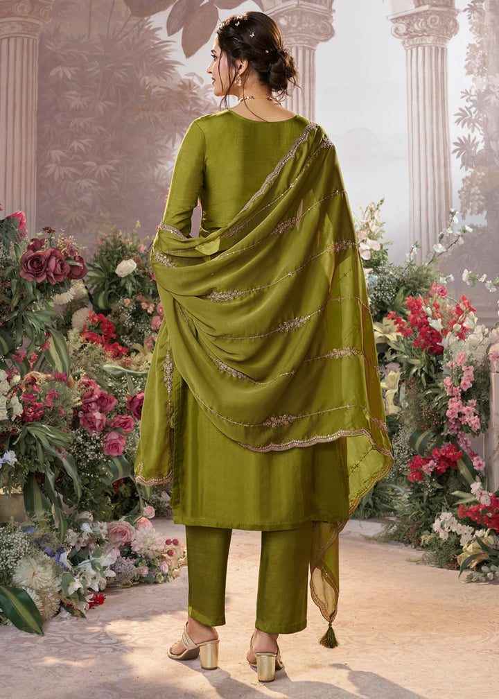 Olive Green Embroidered Dola Silk Kurta and Pant Set with Jacquard Accents