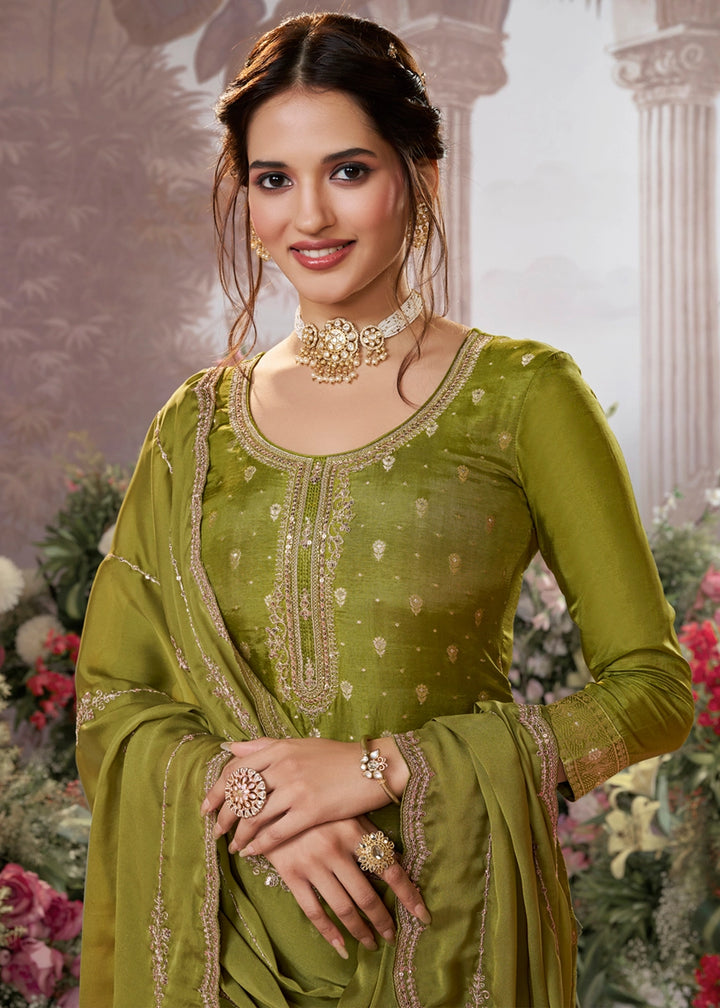 Olive Green Embroidered Dola Silk Kurta and Pant Set with Jacquard Accents