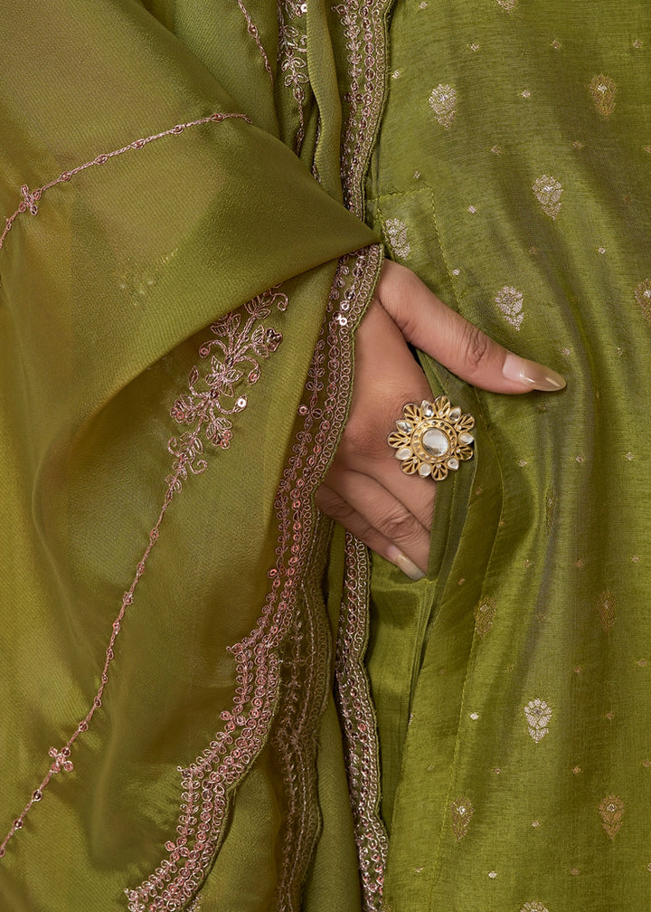 Olive Green Embroidered Dola Silk Kurta and Pant Set with Jacquard Accents