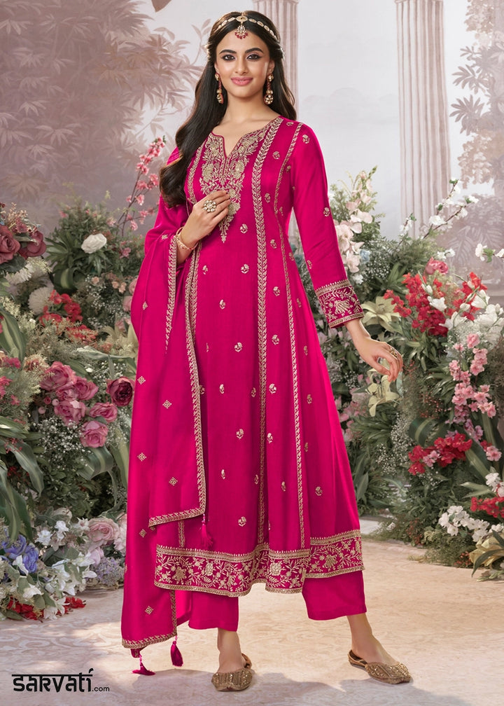 Magenta Pink Silk Kurta Suit Set with Fine Embroidery Detailing