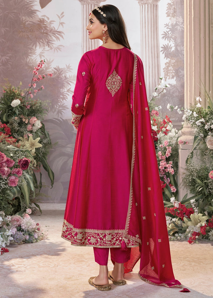 Magenta Pink Silk Kurta Suit Set with Fine Embroidery Detailing