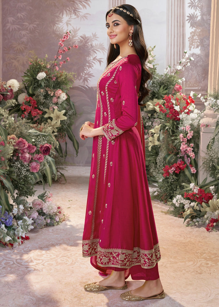 Magenta Pink Silk Kurta Suit Set with Fine Embroidery Detailing