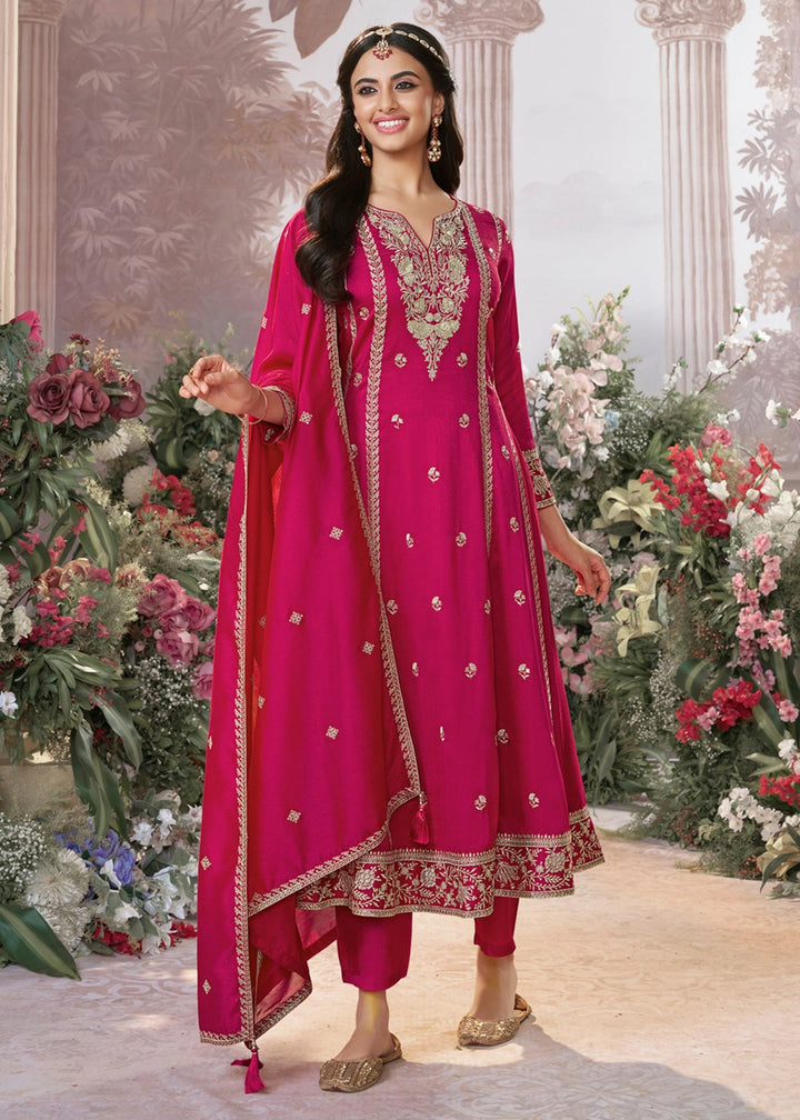 Magenta Pink Silk Kurta Suit Set with Fine Embroidery Detailing