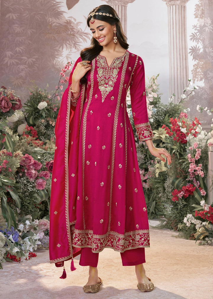 Magenta Pink Silk Kurta Suit Set with Fine Embroidery Detailing