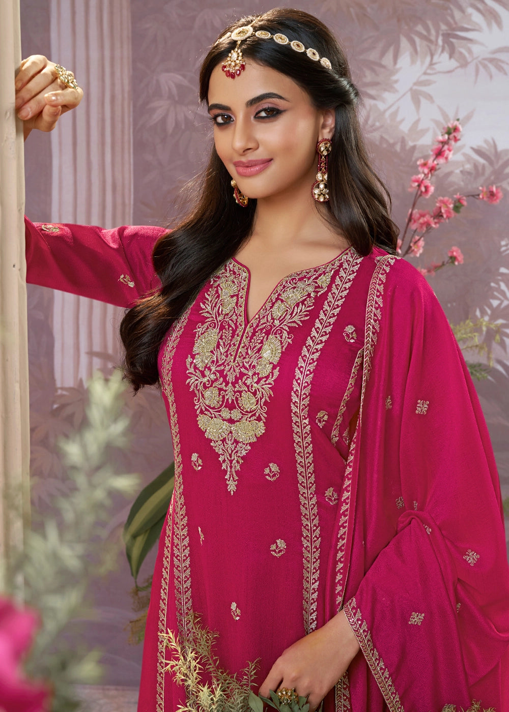 Magenta Pink Silk Kurta Suit Set with Fine Embroidery Detailing