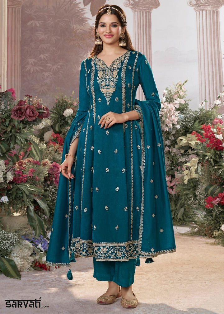 Star Command Blue Silk Kurta Suit Set with Fine Embroidery Detailing