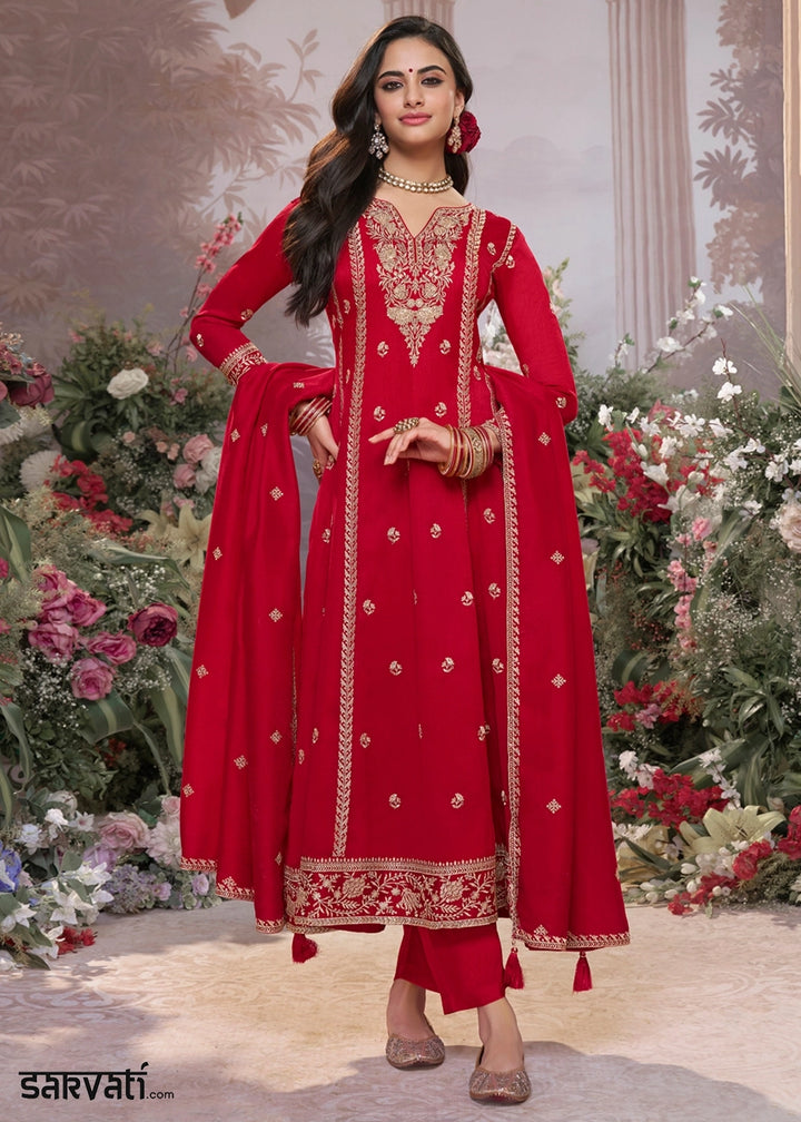 Scarlet Red Silk Kurta Suit Set with Fine Embroidery Detailing