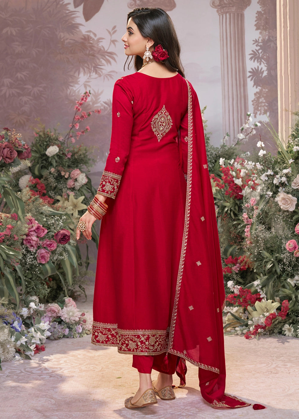 Scarlet Red Silk Kurta Suit Set with Fine Embroidery Detailing
