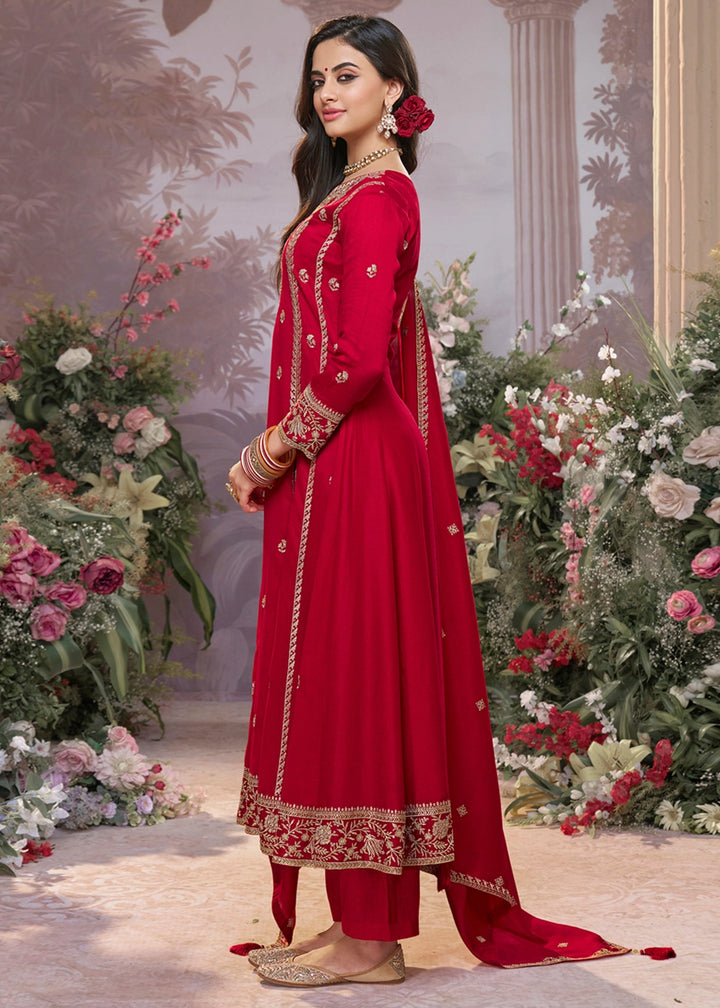 Scarlet Red Silk Kurta Suit Set with Fine Embroidery Detailing