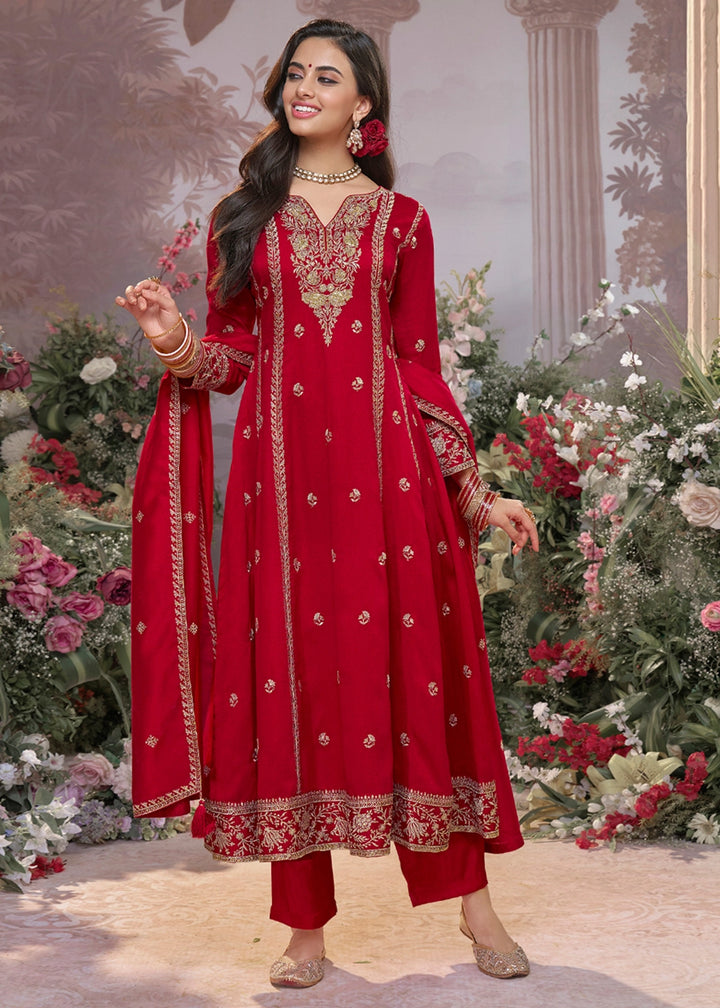 Scarlet Red Silk Kurta Suit Set with Fine Embroidery Detailing
