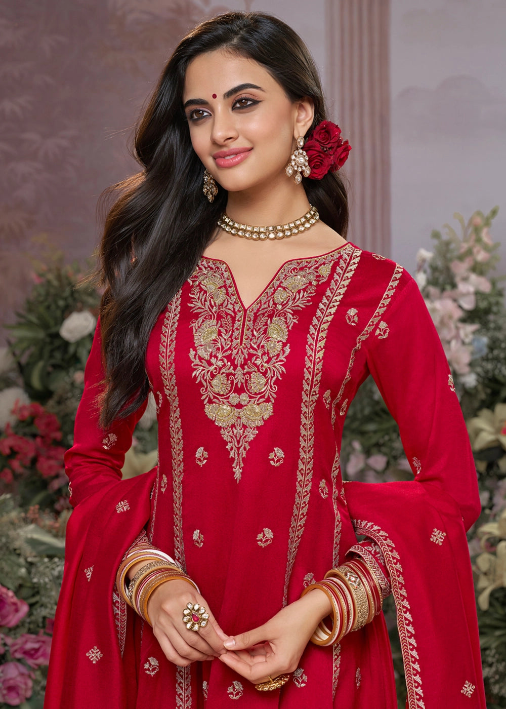 Scarlet Red Silk Kurta Suit Set with Fine Embroidery Detailing