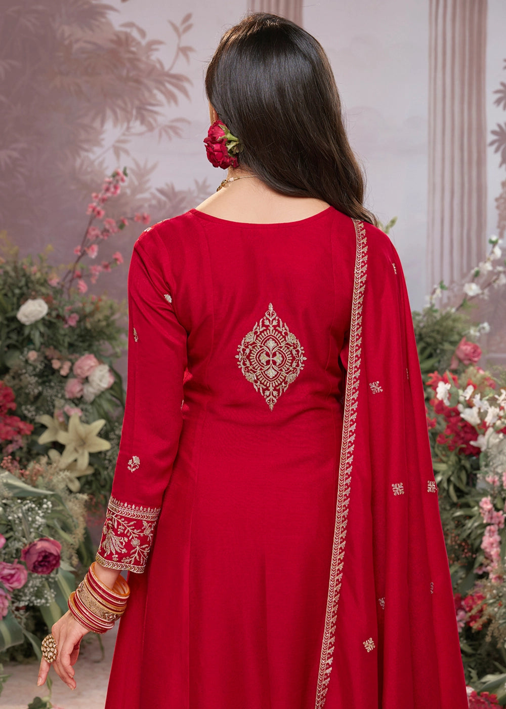 Scarlet Red Silk Kurta Suit Set with Fine Embroidery Detailing