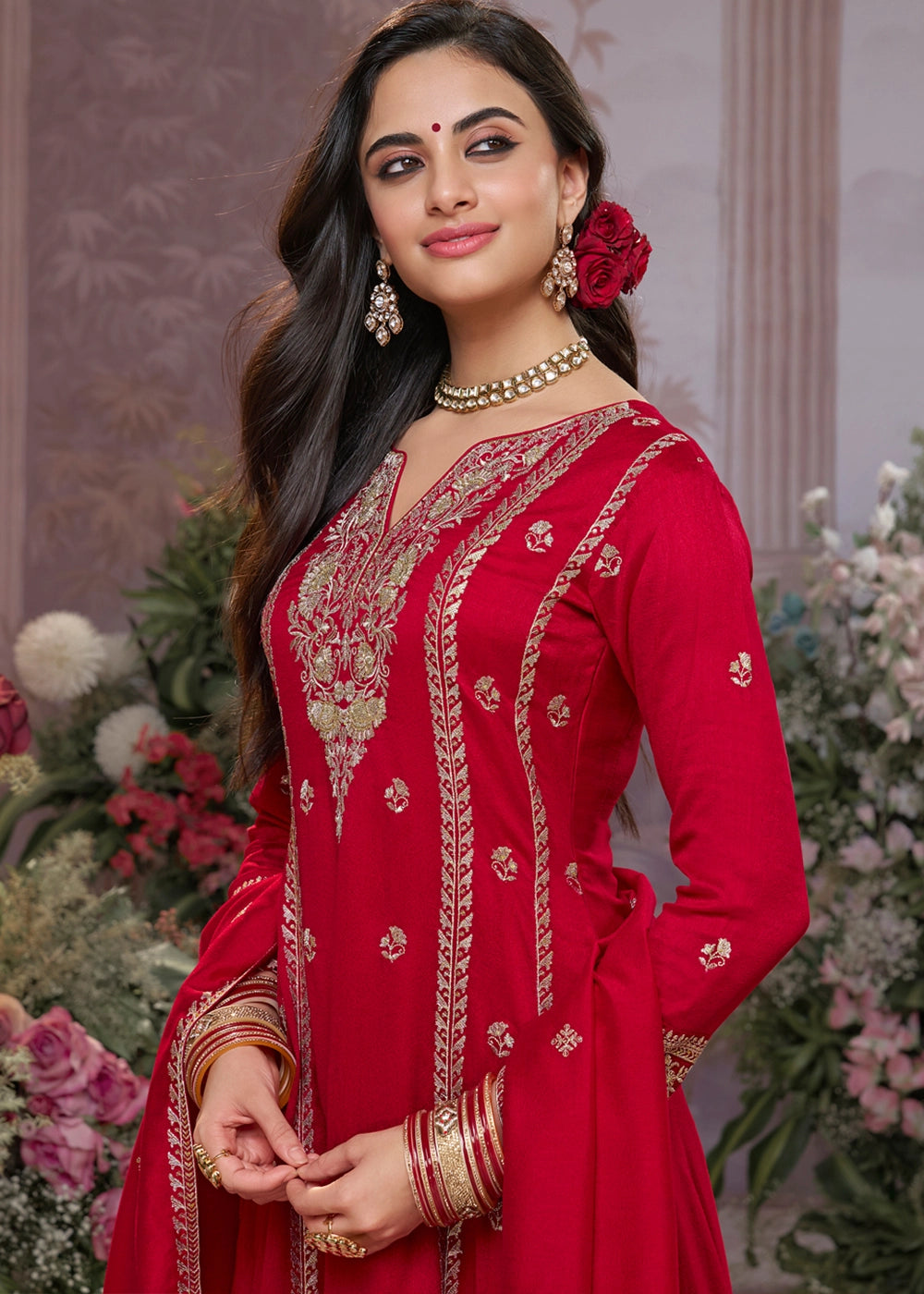 Scarlet Red Silk Kurta Suit Set with Fine Embroidery Detailing
