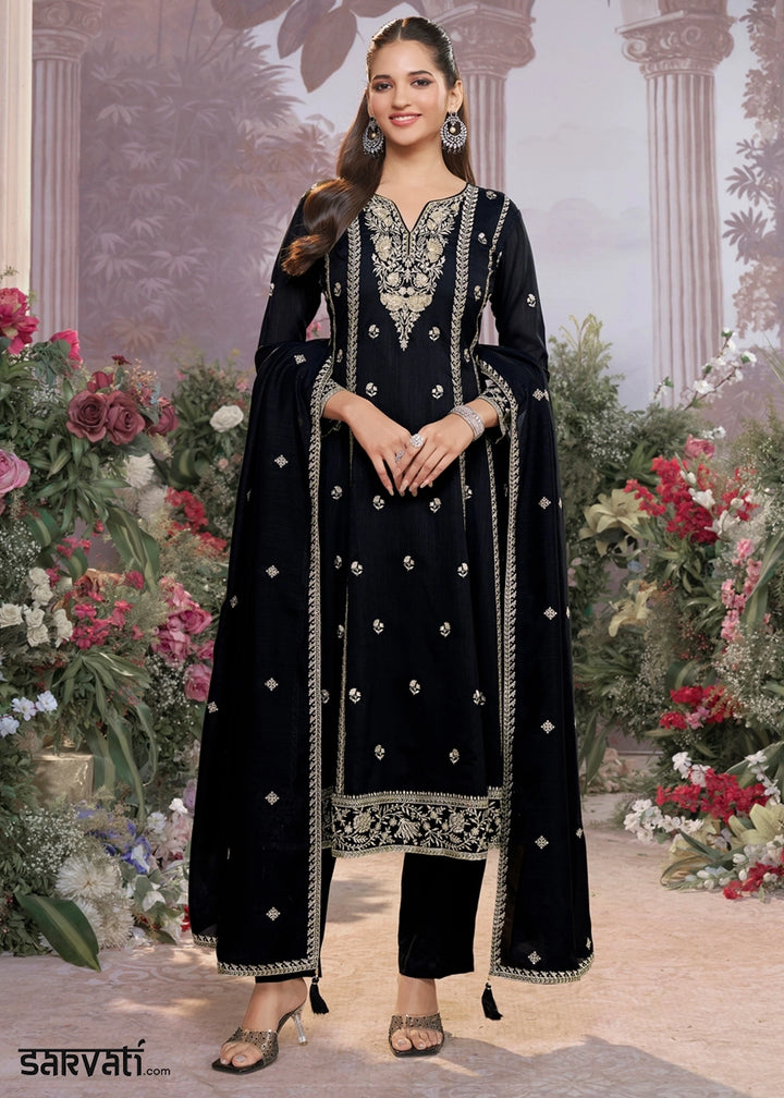 Raven Black Silk Kurta Suit Set with Fine Embroidery Detailing