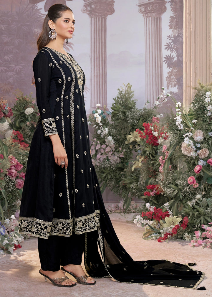 Raven Black Silk Kurta Suit Set with Fine Embroidery Detailing