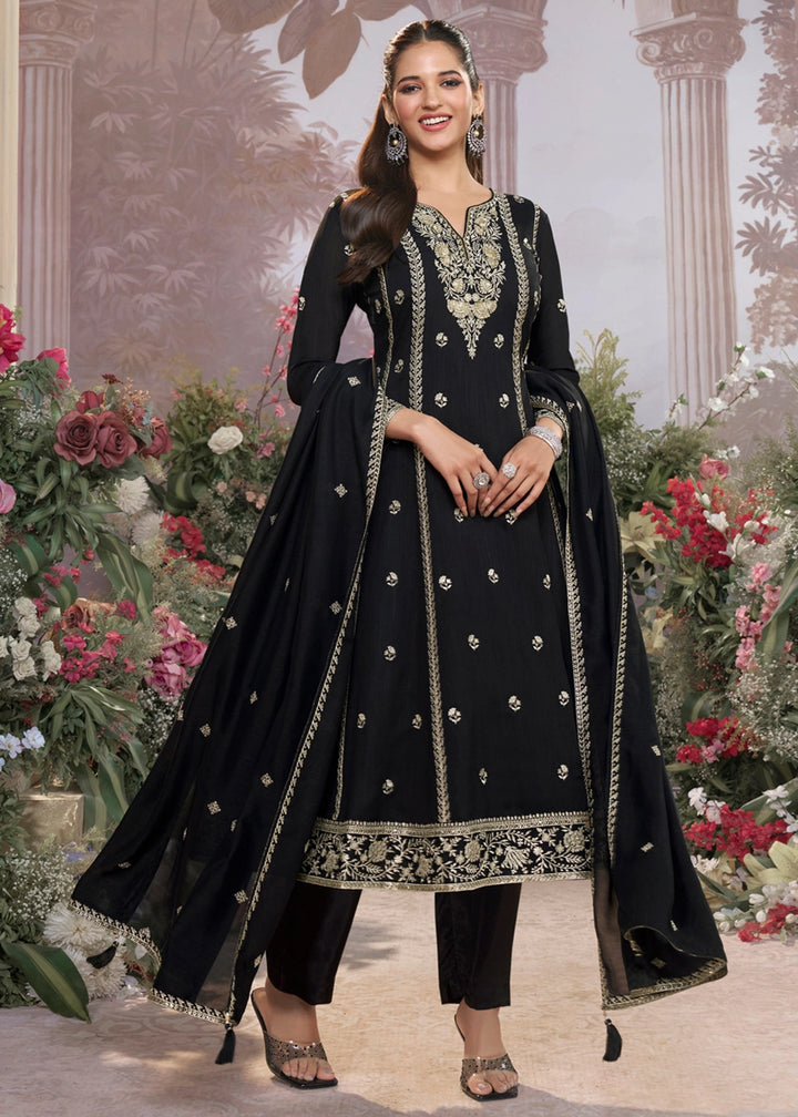 Raven Black Silk Kurta Suit Set with Fine Embroidery Detailing