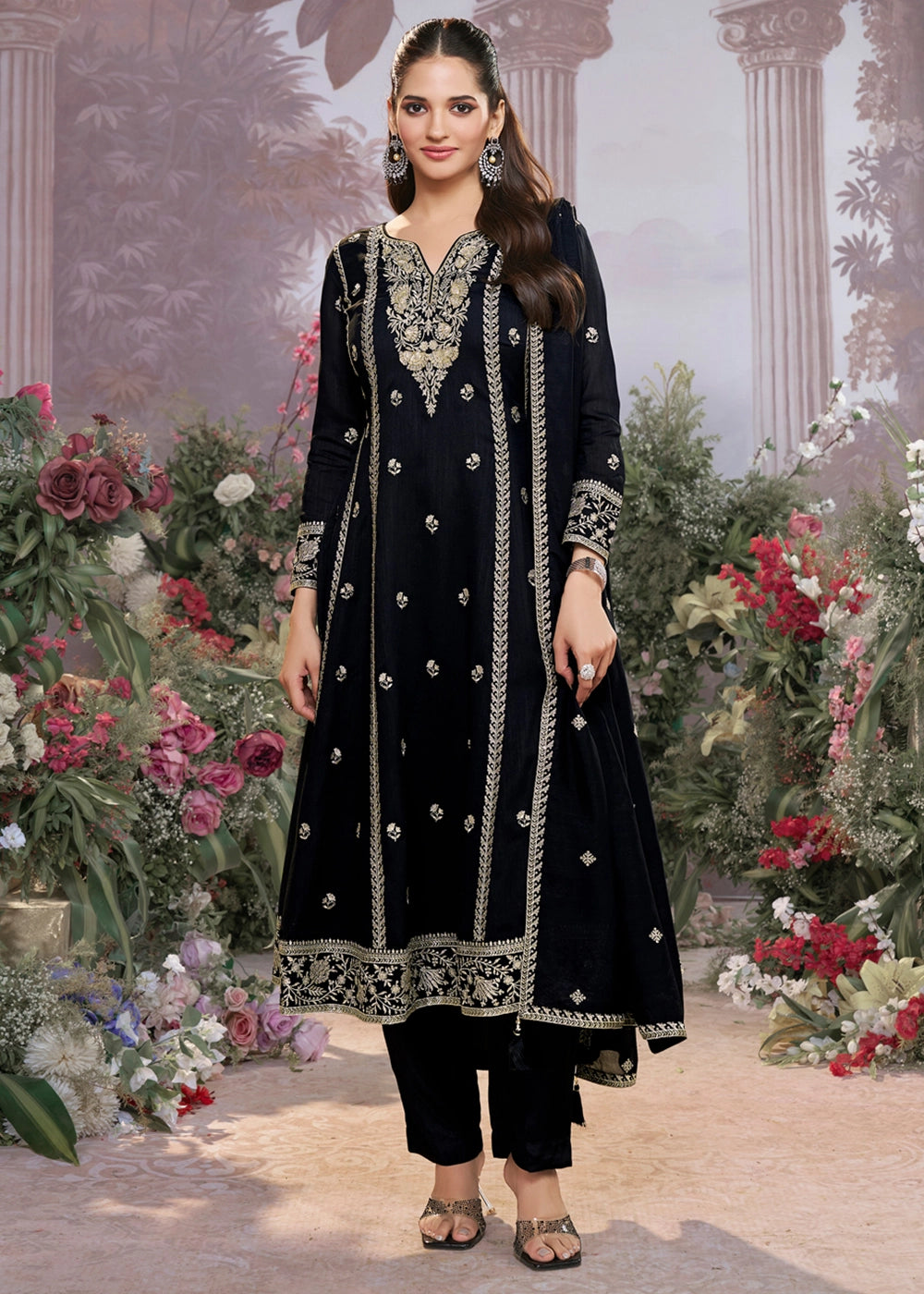 Raven Black Silk Kurta Suit Set with Fine Embroidery Detailing