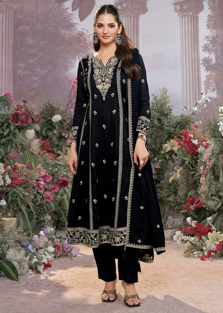 Raven Black Silk Kurta Suit Set with Fine Embroidery Detailing