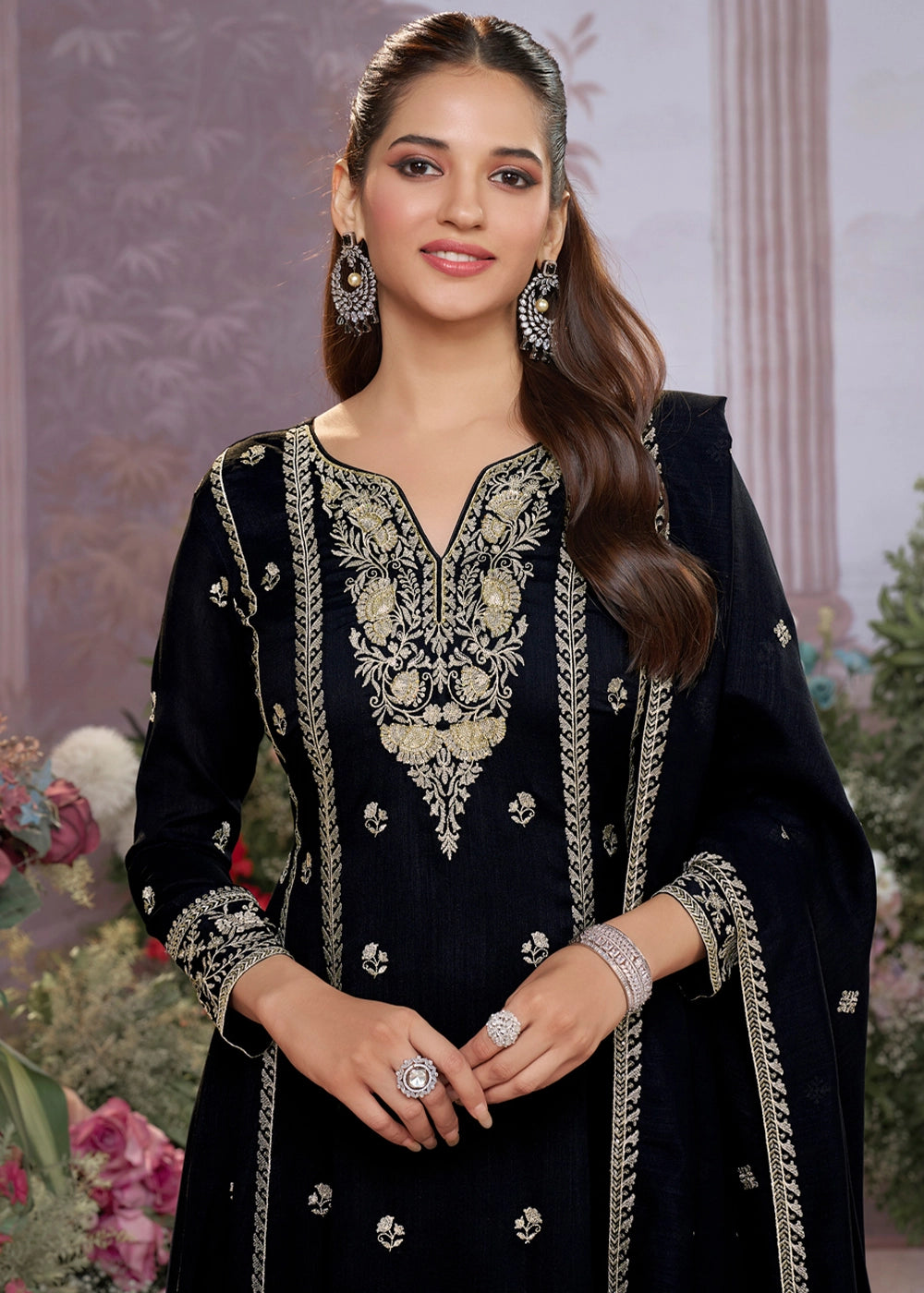 Raven Black Silk Kurta Suit Set with Fine Embroidery Detailing
