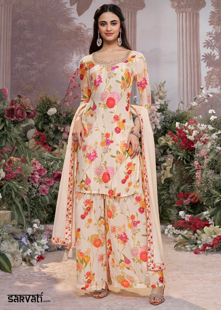 Cream White Chinon Silk Sharara Suit with Floral Print & Embroidery