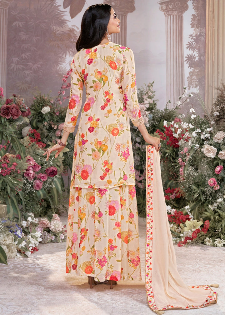 Cream White Chinon Silk Sharara Suit with Floral Print & Embroidery
