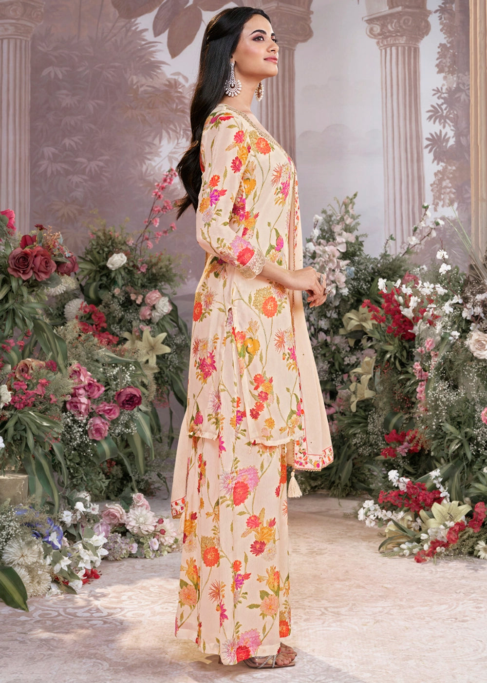 Cream White Chinon Silk Sharara Suit with Floral Print & Embroidery
