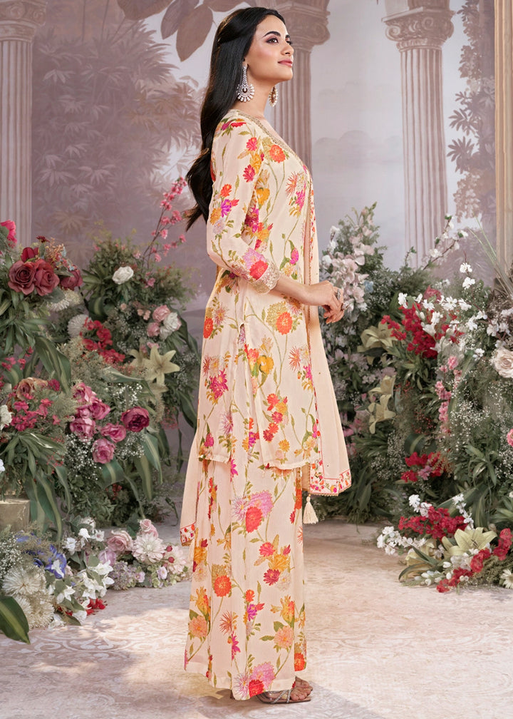 Cream White Chinon Silk Sharara Suit with Floral Print & Embroidery