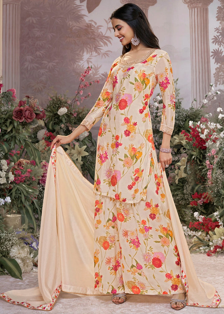 Cream White Chinon Silk Sharara Suit with Floral Print & Embroidery