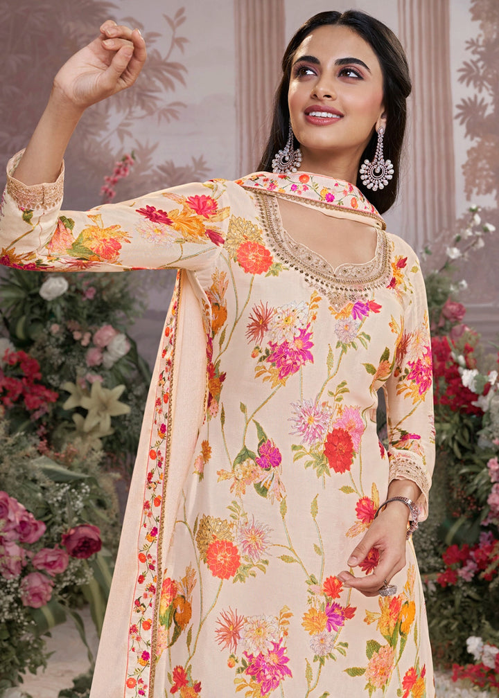 Cream White Chinon Silk Sharara Suit with Floral Print & Embroidery