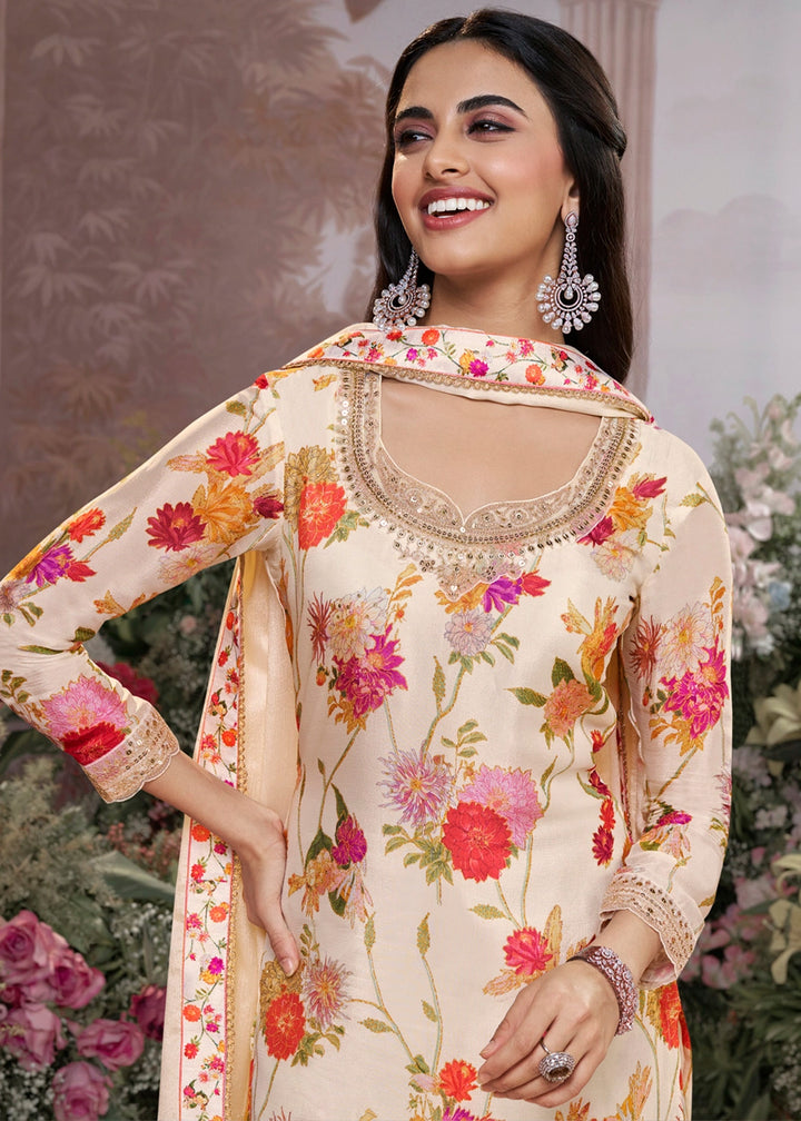 Cream White Chinon Silk Sharara Suit with Floral Print & Embroidery